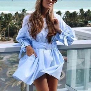 ZARA baby blue popin belted dress.Size M, NWOT